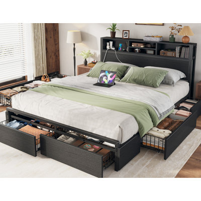 Weissmann Bed Frame with Bookcase Headboard, 6-Drawer Storage & Charging Station, Queen