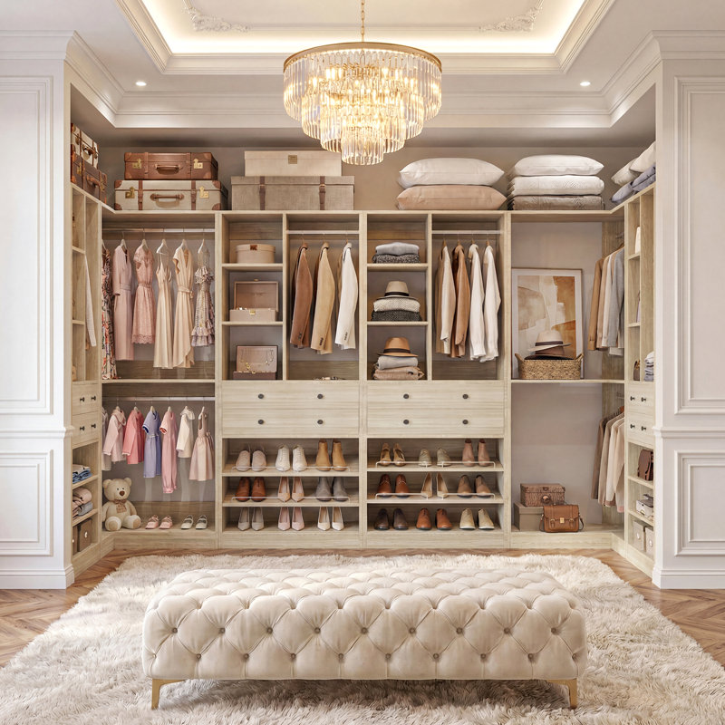 Navada Closet System with Wooden Drawers and Shoe Racks, Washed Oak