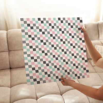 Abstract Pink Mint Gray Squares Modern Unframed Art Print