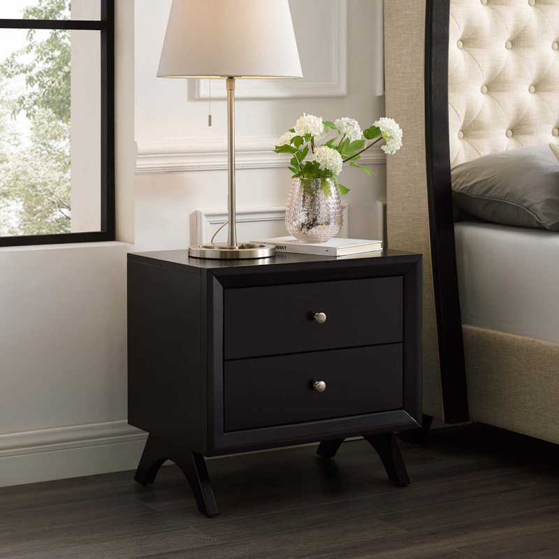 Providence Black Rubberwood and MDF Nightstand with Silver Knobs