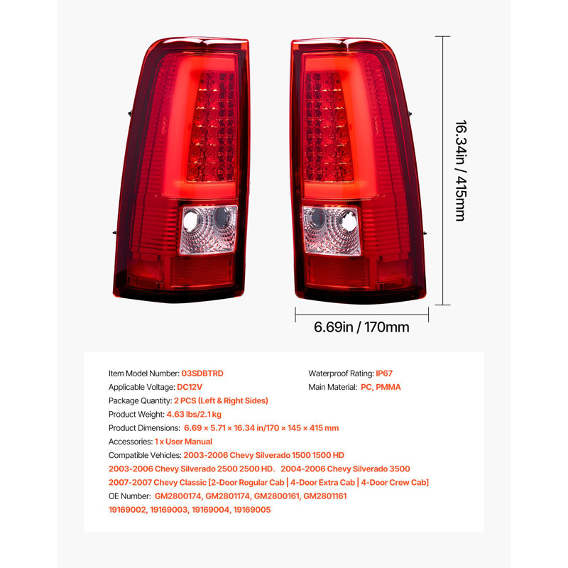 Assemblage de feux arrière compatible avec les Chevy Silverado 1500 1500 HD 2500 1500 HD 2500, HD 3500, Chevy Classic, 2 PCS et feux arrière à DEL côté conducteur avec ampoules, 2007 à 2007