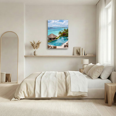 Tropical Infinity Pool Overlooking Blue Ocean Palm Trees Canvas Wall Art
