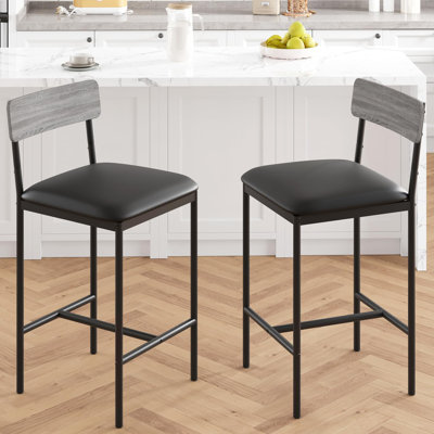 Bar Stools Set of 2, Counter Height Bar Chairs with Back and Footrest, PU Leather Upholstered Barstools for Kitchen Island, Dining Room, Home Bar, Gre