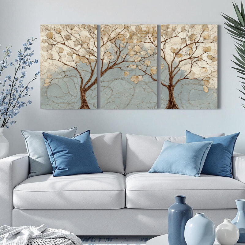 Ensemble de 3 tableaux abstraits sur toile tendue représentant un arbre avec ses feuilles et ses branches, parfaits pour la décoration du salon, de la chambre ou de la maison.