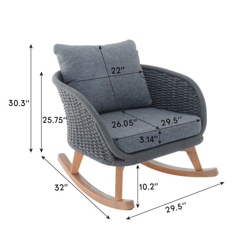 Chaise berçante d'extérieur en osier et rotin, Coussin gris / cadre gris