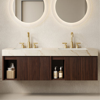 60" Bathroom Vanity&Sink,Floating Storage Cabinet, Cream Gold Vein Sintered Stone Top&2 Ceramic Basins with 3 Pre-drilled Faucet Holes,Disassembled, NO Faucet and Drain Set, Walnut Woodgrain
