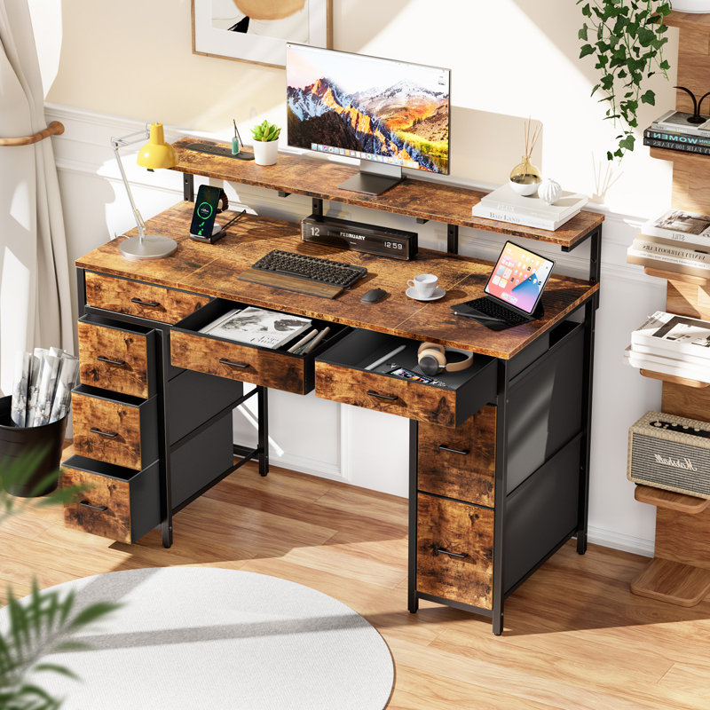 Metal Base Computer Desk with Power Outlet, Grey/Black