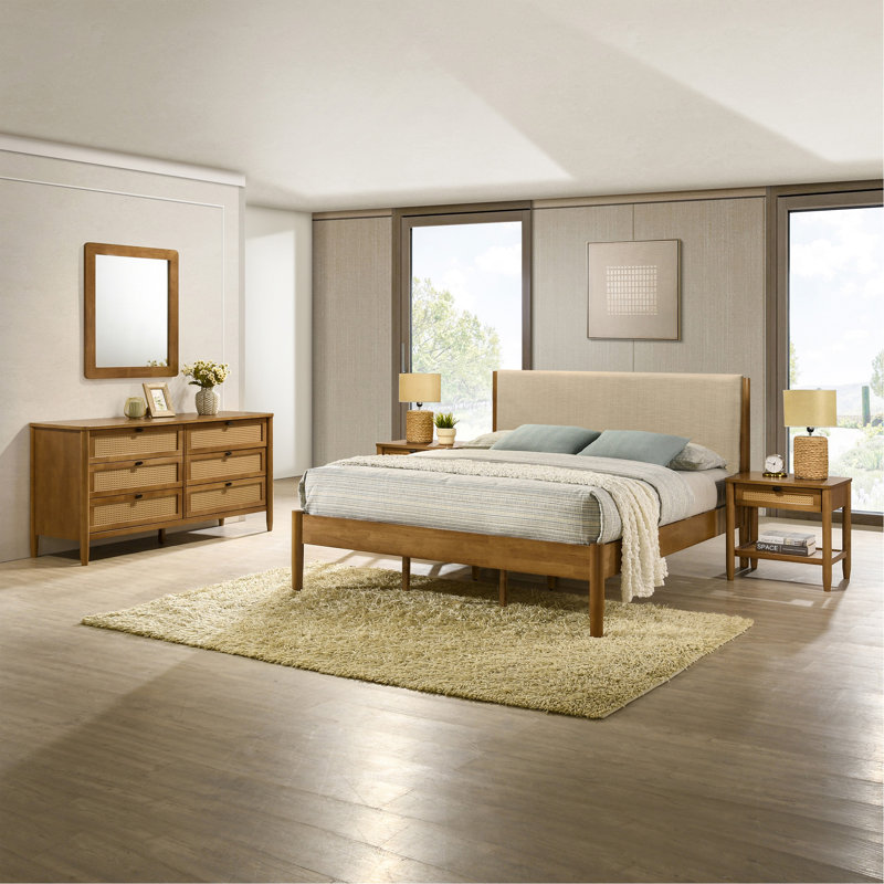 Ensemble de chambre à coucher en bois d'hévéa 5 pièces Vichy, Cinq pièces : Lit, 2 tables de chevet, commode, m