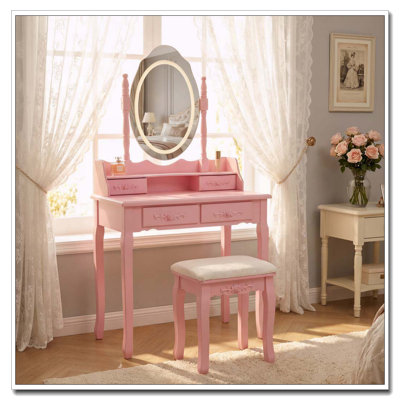 Pink Princess Vanity Desk Set with LED Light Mirror, 4 Drawers and Stool