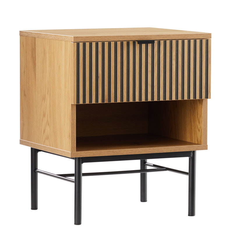 Bedside Table With 1 Drawer In Black And Natural Grooved Wood Effect