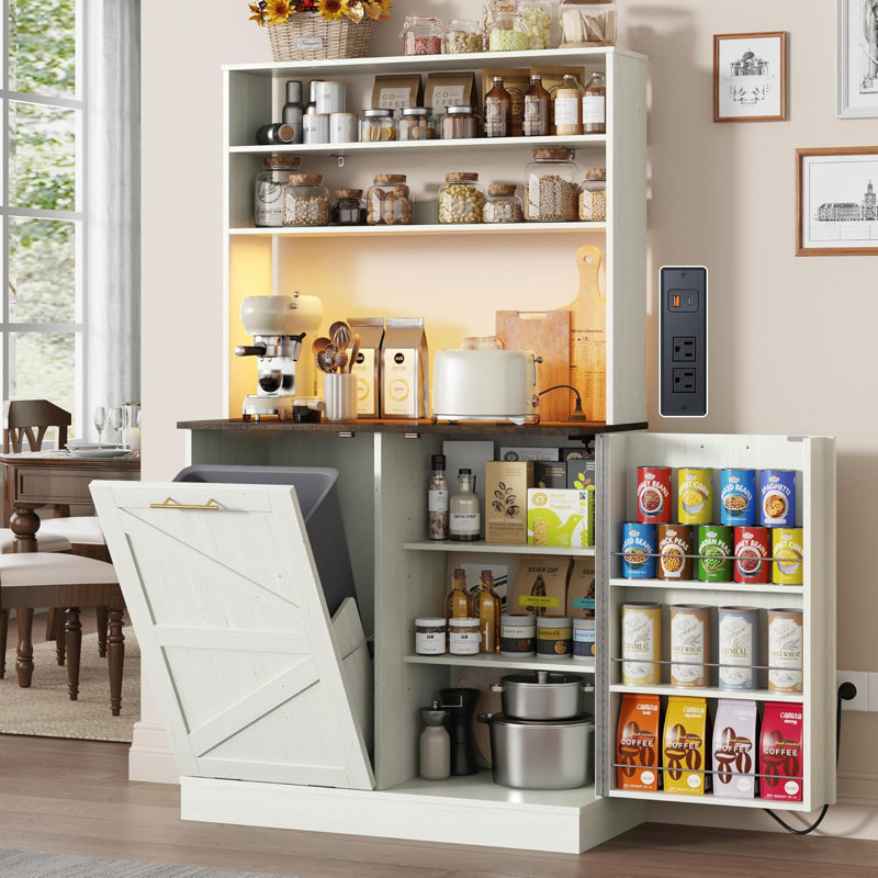 Armoire de 63 po avec poubelle 10 gallons, lumière DEL, prise, Blanc/noyer