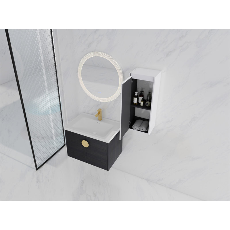 Meuble-lavabo mural de 28 pouces avec lavabo en céramique et armoire latérale, portes à fermeture en douceur pour un rangement silencieux et bien rangé