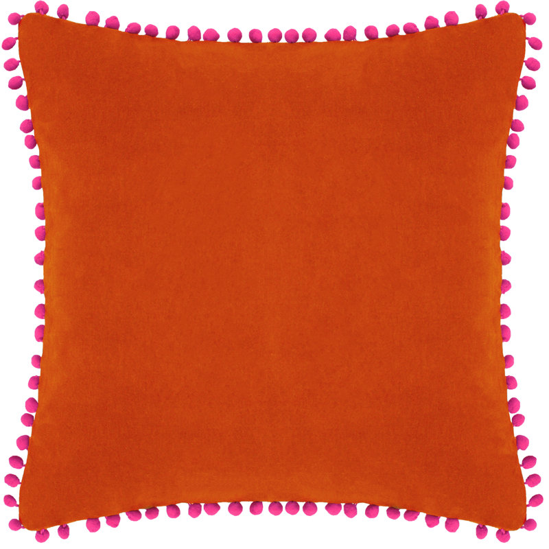Velvet Pompom Velvet Pom Pom Feather Filled Cushion, Orange