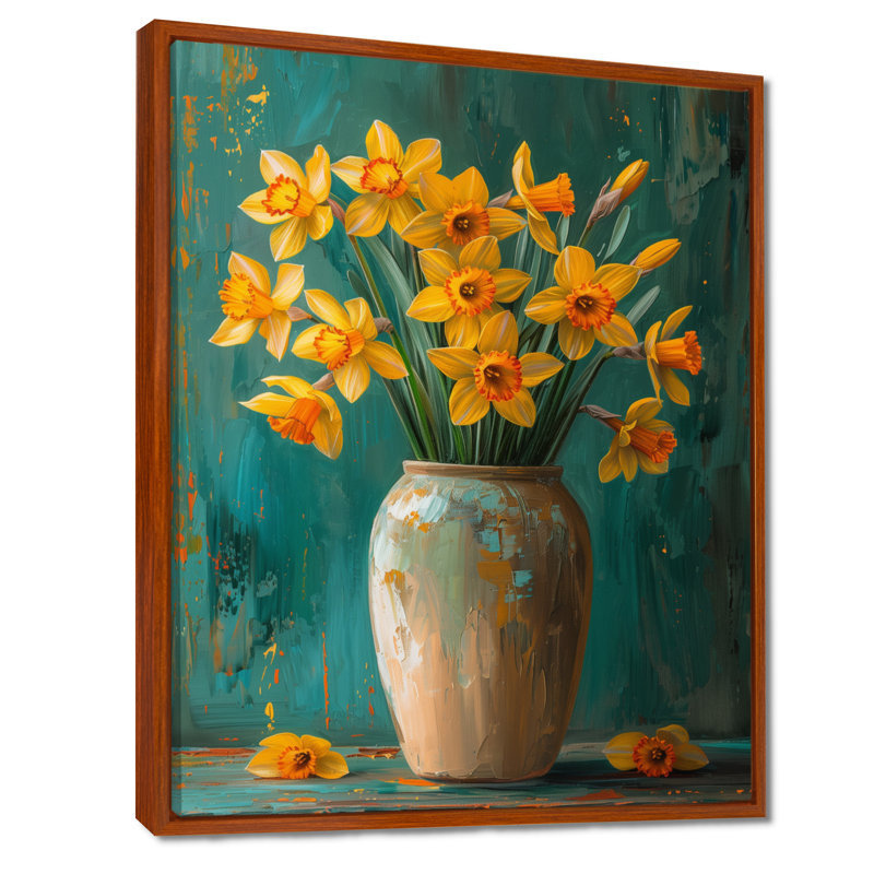 Bloom, orange, nature morte, jonquilles III - jonquilles, art mural, Cadre flottant brun, H 16 po x l 32 po