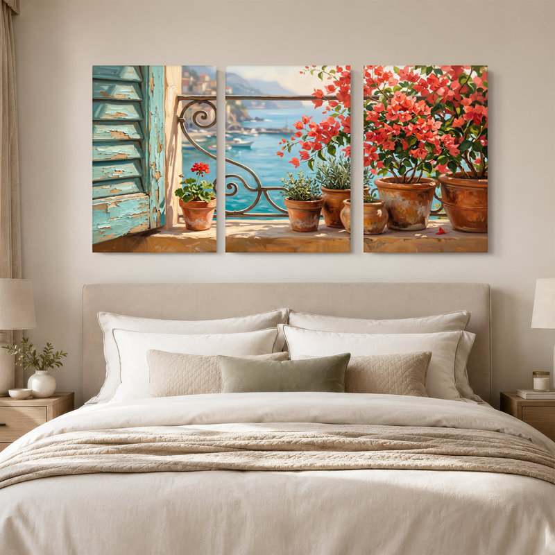 Ensemble de 3 toiles bleu sarcelle avec plantes sur le balcon donnant sur la mer, 36"H x 24"W x 3pcs
