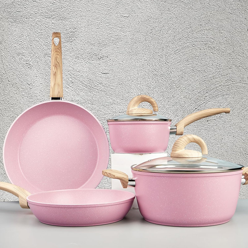 Batterie de cuisine en céramique antiadhésive rose