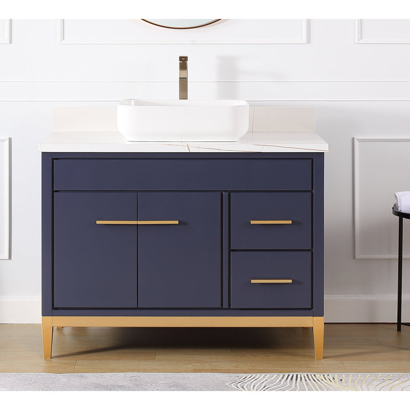 42" Modern Vessel Sink Style Bathroom Vanity Set, White, Navy Blue