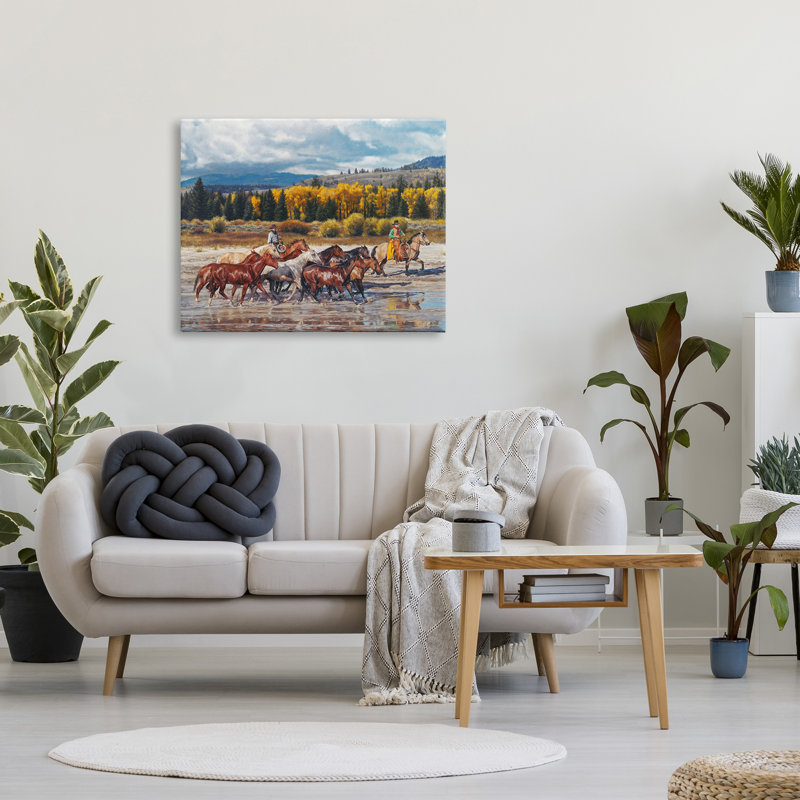 Cowboys au galop, paysage de rivière sur toile, H 30 po x l 40 po x P 1,5 po