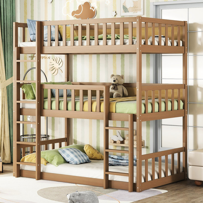 Space Twin Size Triple Bunk, White Oak Comfortable Over Bunk Bed, Style, White Oak
