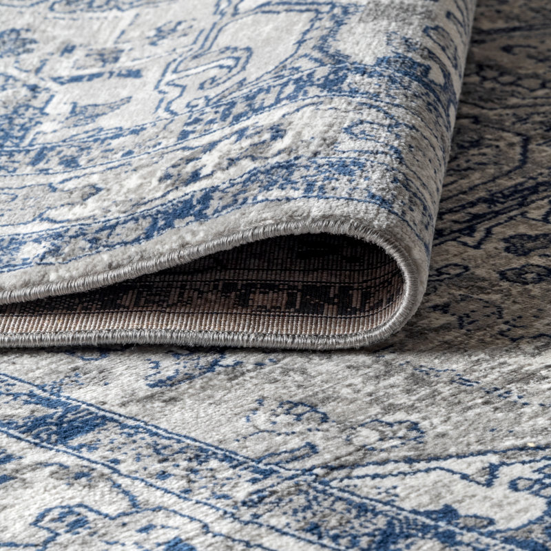 Lawton Modern Persian Vintage Medallion Light Gray/Navy Rug, Square 9'