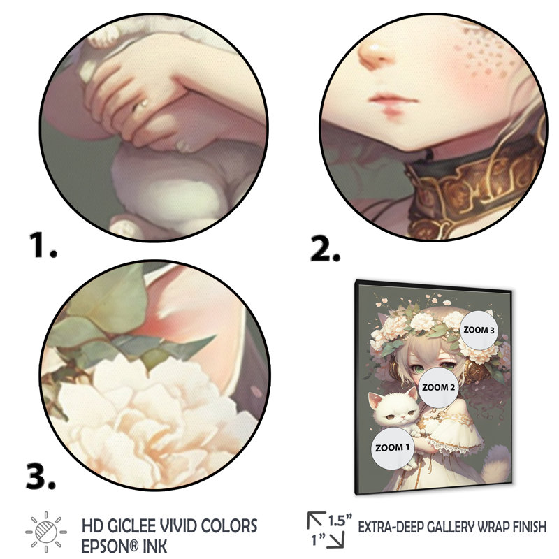 Edmundas, fille d'anime avec un chat blanc sur toile, H 20 po x l 12 po x P 1 po, Cadre photo noir