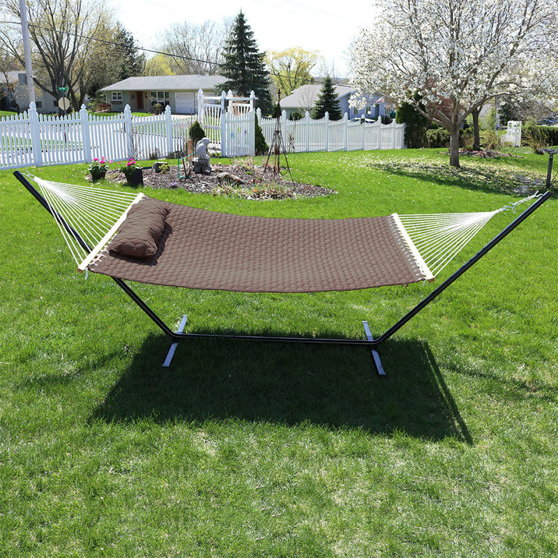 Brown Quilted Double Hammock with Stand and Pillow