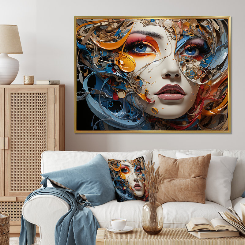 «Surréalisme fragmented portrait II» sur toile, H 24 po x l 32 po x P 1 po, Cadre flottant doré