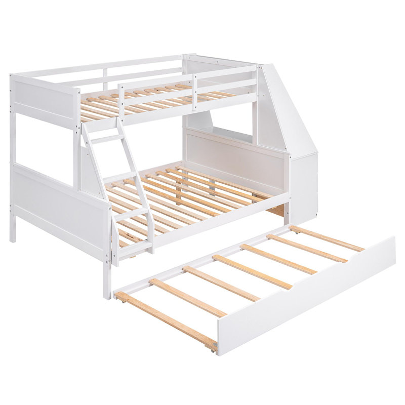 Lit simple superposé au dessus d'un lit double avec lit gigogne et bureau intégré, trois tiroirs de rangement et une tablette