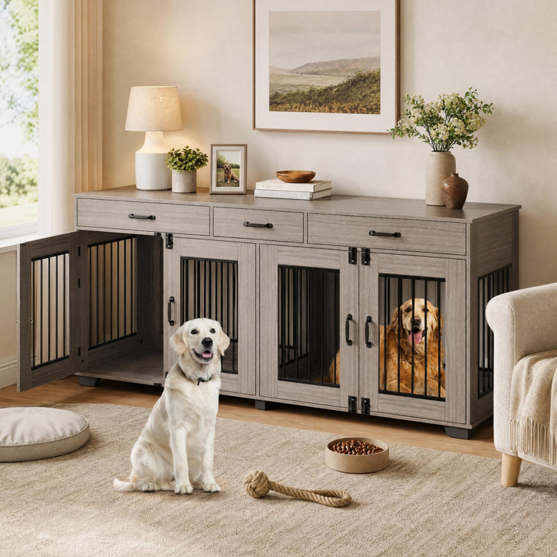Cage pour chien en fer eucalyptus avec tiroir de rangement, maisonnette d'intérieur de style meuble, porte verrouillable sécurisée, conception spacieuse