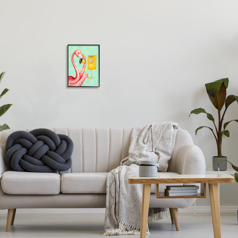 " Flamingo Using Retro Telephone Patterned Flower Motif " by Amelie Legault, 11" W x 14" H, Black Framed