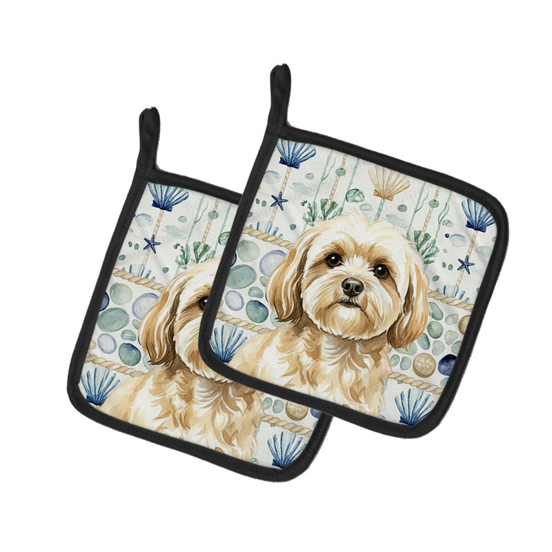 Paire de poignées en verre crème Lhasa Apso