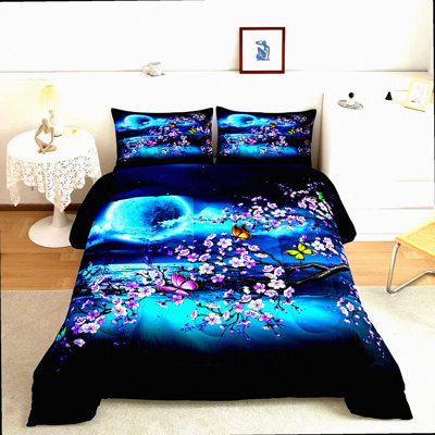 Cherry Blossom Sea Wave Galaxy Butterfly Comforter Set - Queen Size Light-Weight Microfiber Duvet with Starry Night Sky Design for Adults, Includes 2 Pillow Cases
