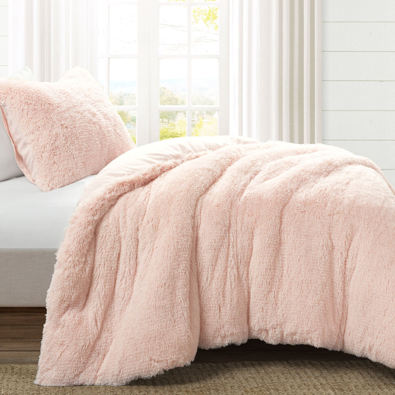 Lush Decor Emma Faux Fur Comforter Set, Queen Comforter + 2 Shams, Blush