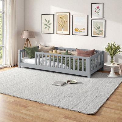 Twin Size Floor Bed with Safety Fence - Grey Rubber Wood Bed for Kids, Compact & Sturdy Design