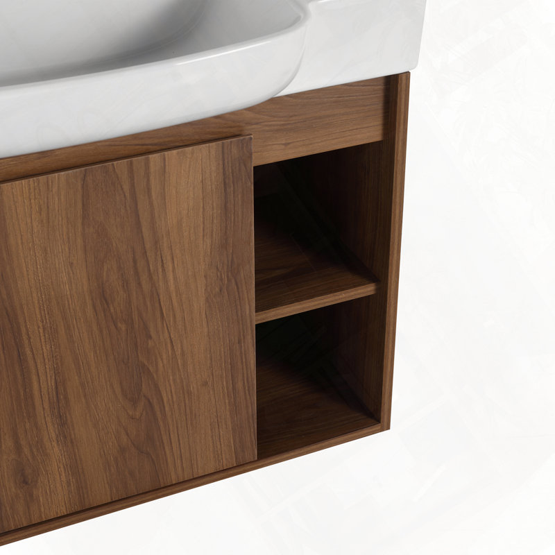Wall-Mounted Bathroom Vanity With Ceramic Sink Soft-Close Door, 27", Brown Ebony