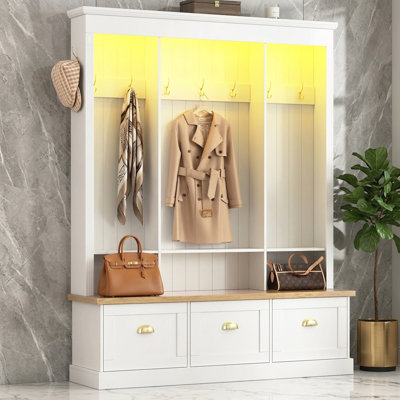 LED Light Hall Tree with 9 Hooks and 3 Large Cabinets