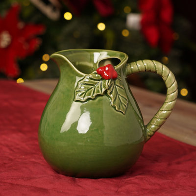 Green Holly Leaf Ceramic and Berry Jug