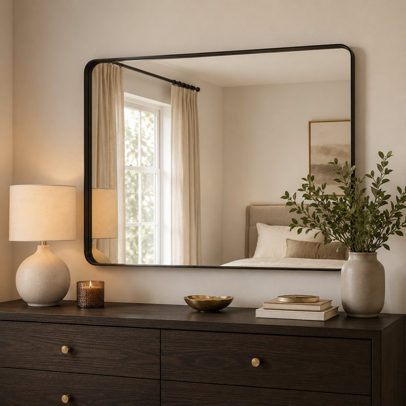 Miroir de salle de bain rectangulaire arrondi avec cadre en aluminium noir et verre trempé, 40" x 36"