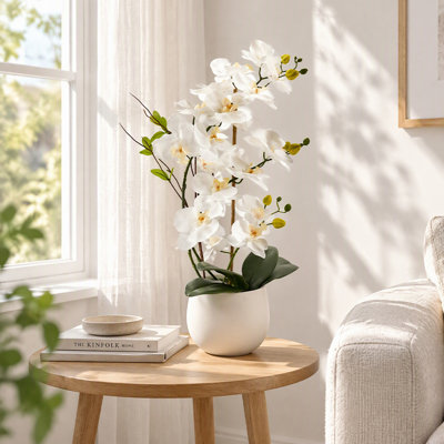 Orchidée Phalaenopsis artificielle en pot blanc - Plante artificielle en fausse fleur en polysilk véritable sans entretien pour le hall d'entrée, le salon, la salle de bain et le bureau personnel | Cadeau de pendaison de crémaillère élégant