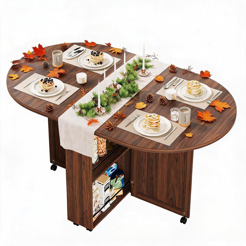 Table de salle à manger pliante 3 en 1 avec rangement - Table de cuisine ovale extensible de 51 pouces sur roulettes verrouillables - Casier à vin, tiroir et étagères - Gain de place pour les petits espaces.