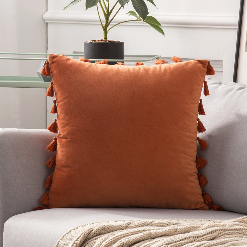 Square Set Of 4 Throw Velvet Tassle Cushion Covers, 18 x 18, Orange, Pillow Cover Only - No Insert