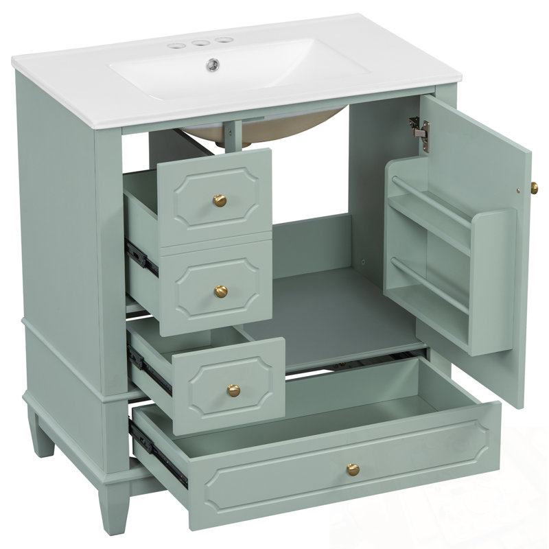 Armoire de rangement pour salle de bain avec lavabo, porte à fermeture en douceur et 3 tiroirs, Vert clair
