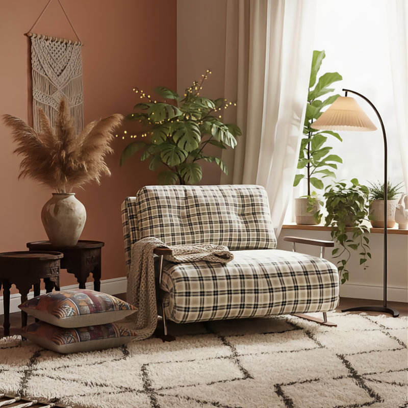 Sleeper Sofa Chair – 4‑In‑1 Folding Guest Bed In Tartan Fabric For Small Spaces, 32.28" H x 35.43" W x 33.46" D 