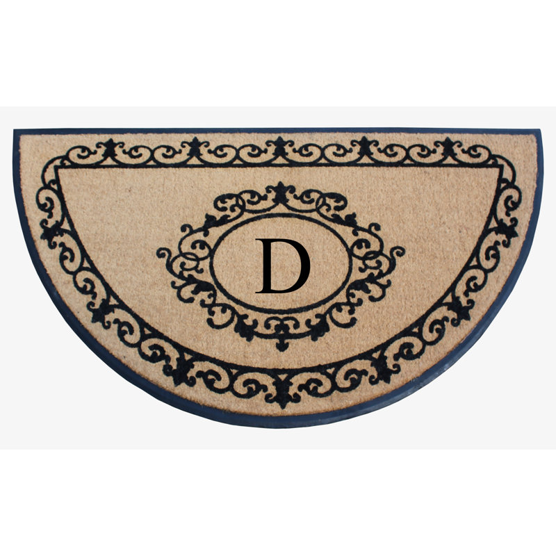 Bahily Floral Border Natural Coir & Rubber Hand-Flocked Monogram Door Mat, 36"x72", Heavy-Duty Outdoor Front Porch Entrance Doormat