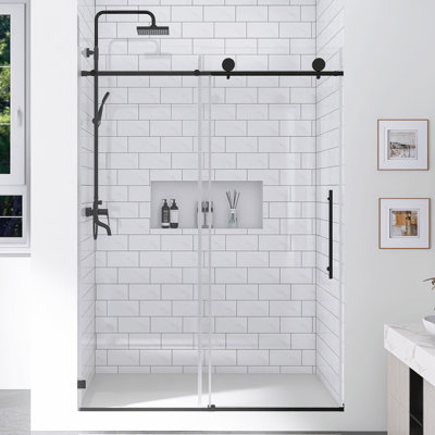 49-54 In. W × 76 In. H Frameless One Fixed And One Shifted Shower Door  In Matte Black | 5/16" 8MM Tempered Glass  With Stick Explosion-Proof Menbrance |  70MM 304 Stainless Steel Large Pulleys With Adjustable Soft Closing Function