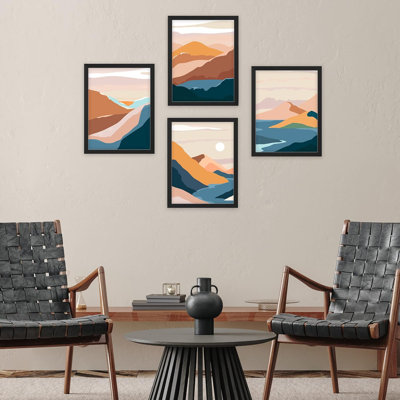 " Framed Vibrant Orange & Blue Mountain Valley Set Of 4 Landscapes Wall Decor Prints " 4 - Pieces