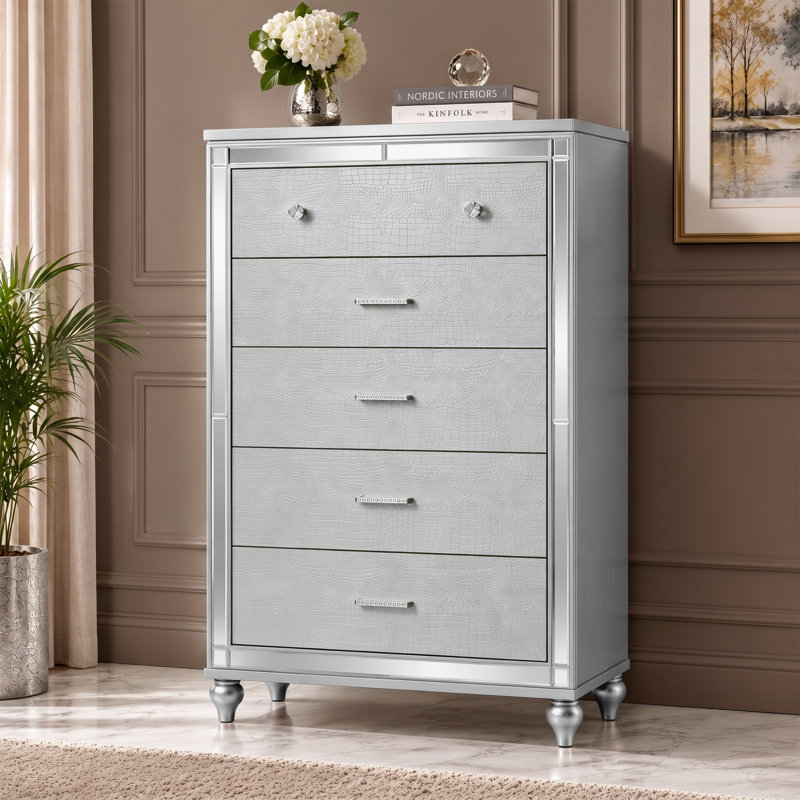 Commode 5 tiroirs Denard, Argent