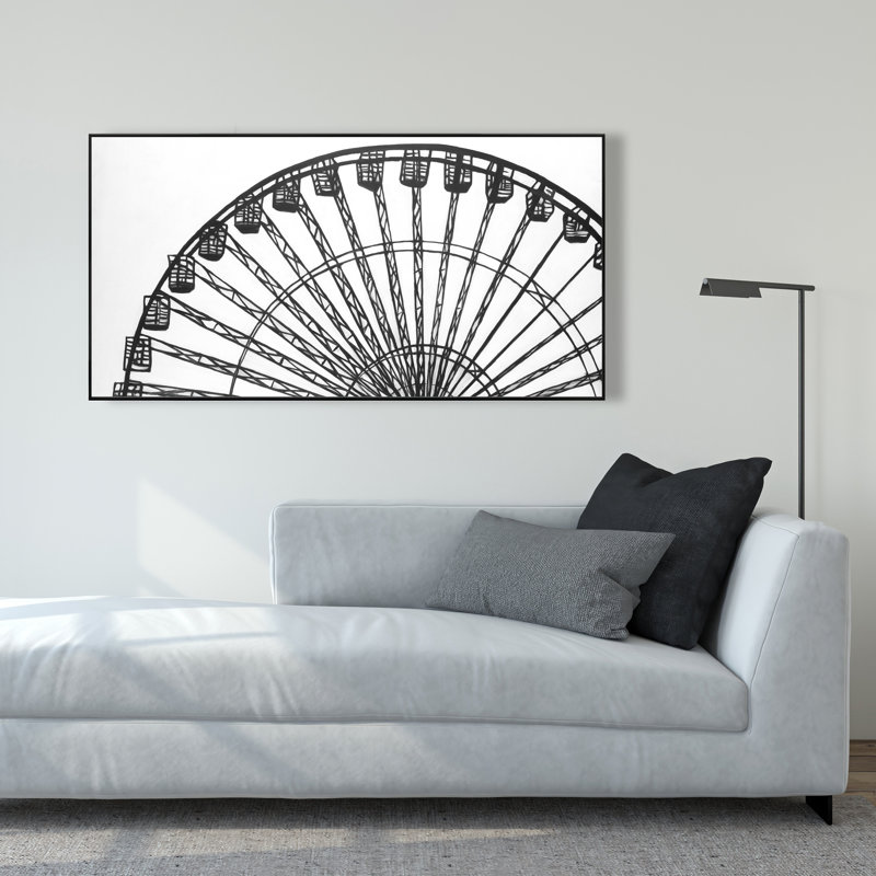 Grande roue monochrome | Toile encadrée pour décor de salon, H 25,25 po x l 49,25 po
