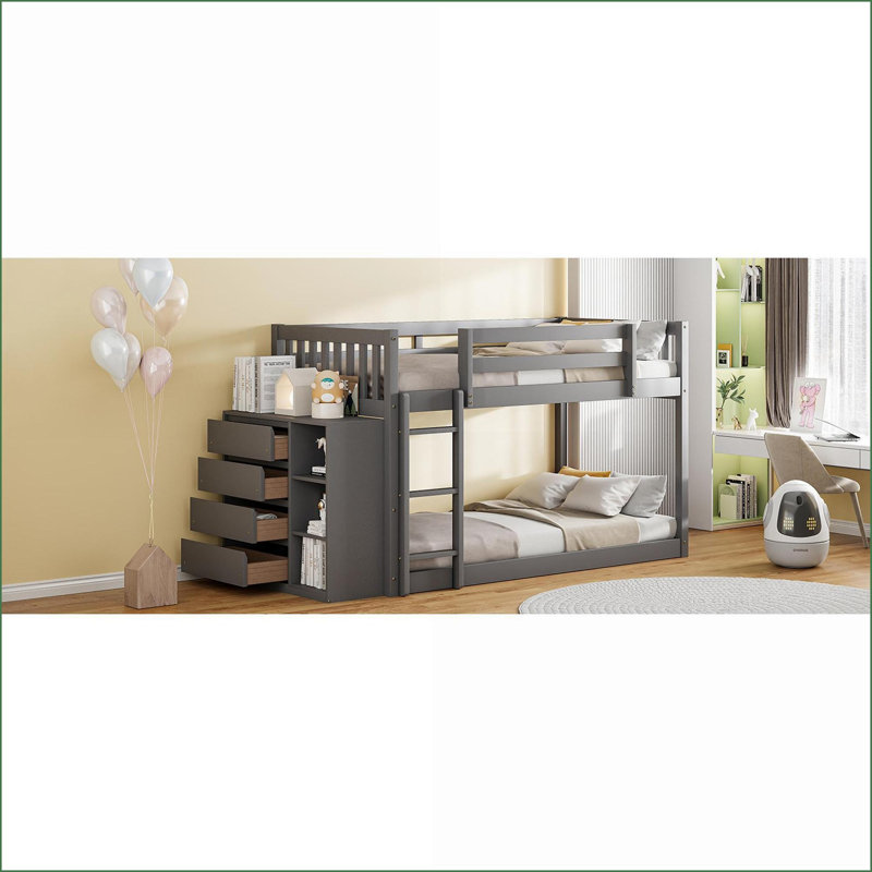 Lit simple superposé simple en pin massif avec 4 tiroirs et 3 tablettes - sans sommier, gris pour les soirées pyjama et amp; Petits espaces