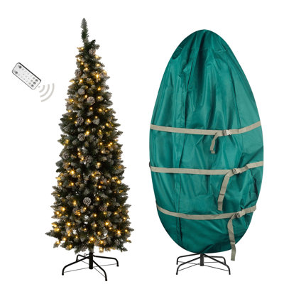 Arbre de Noël 6 pi avec sac de rangement vertical - Épinette artificielle floquée avec 250 lumières DEL, 618 pointes de branches givrées, pommes de pin et support - décorations de Noël 3 pièces 